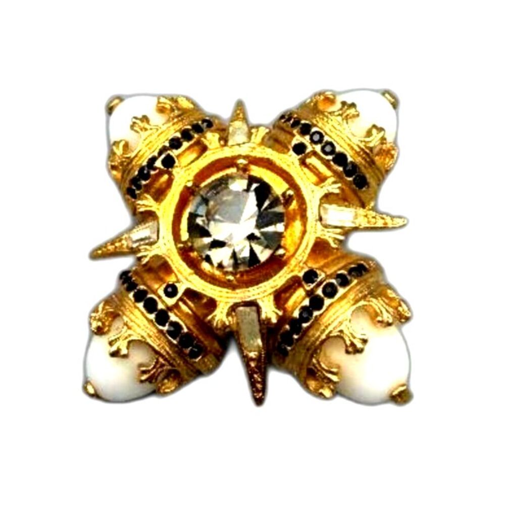 Vintage Maltese Cross Starburst Brooch Pendant Bezel Crystal Benedikt Gold Tone
